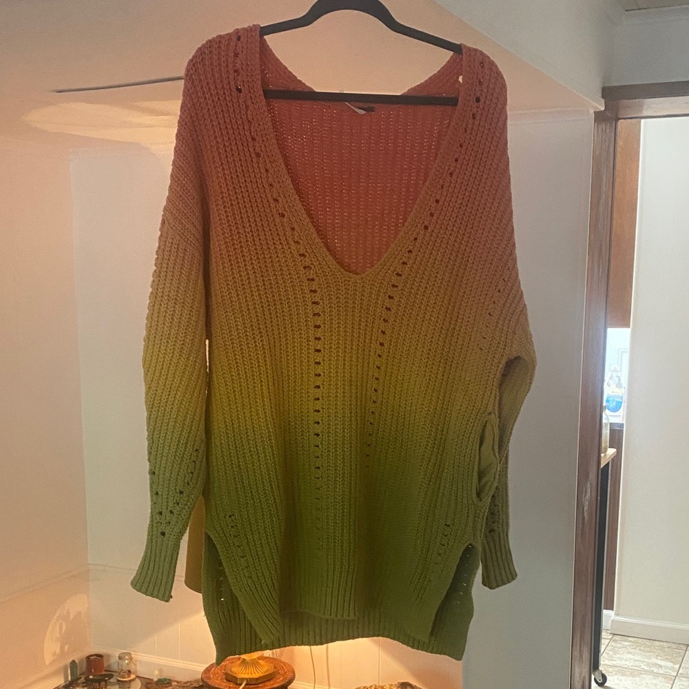 Free People Oversize V-Neck Sweater - Orange and Green Ombré